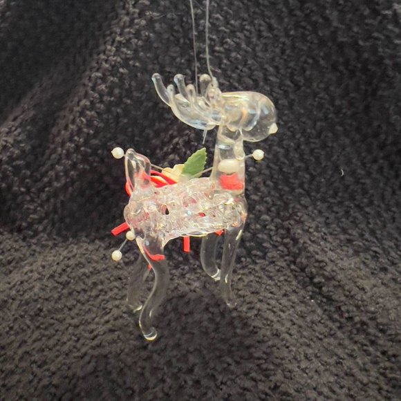 Handblown Clear Glass Rose Rudolph Reindeer Christmas Ornament 3.5x2in - Picture 6 of 10